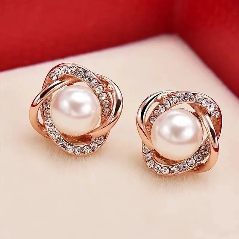14k Gold Zircon Pearl Twist Stud Earrings