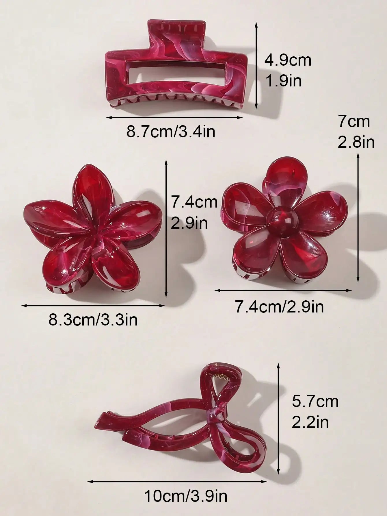 Burgundy Bow & Floral Claw Clips Set
