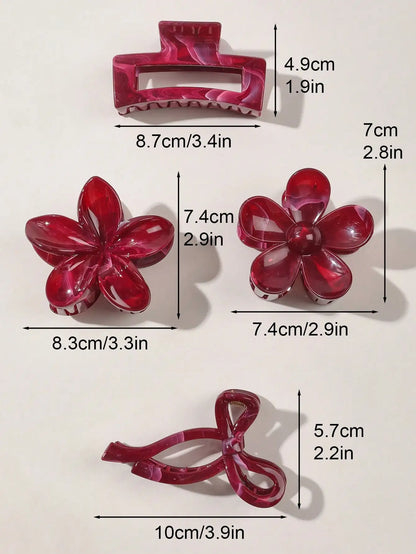 Burgundy Bow & Floral Claw Clips Set