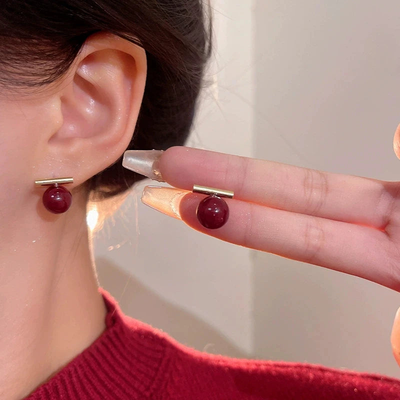 Red Pearl Stud Earrings