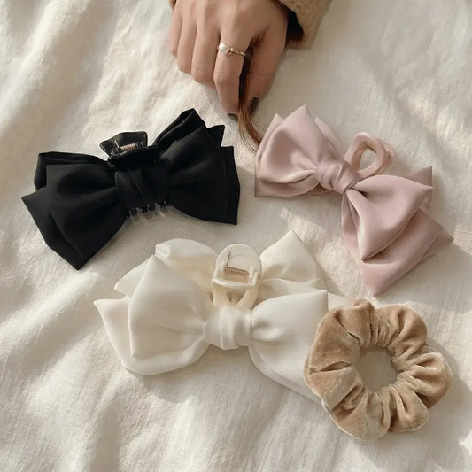 Satin bow hair clip set rose noir cream coquette UK