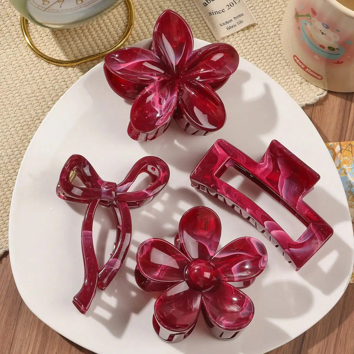 Burgundy Bow & Floral Claw Clips Set