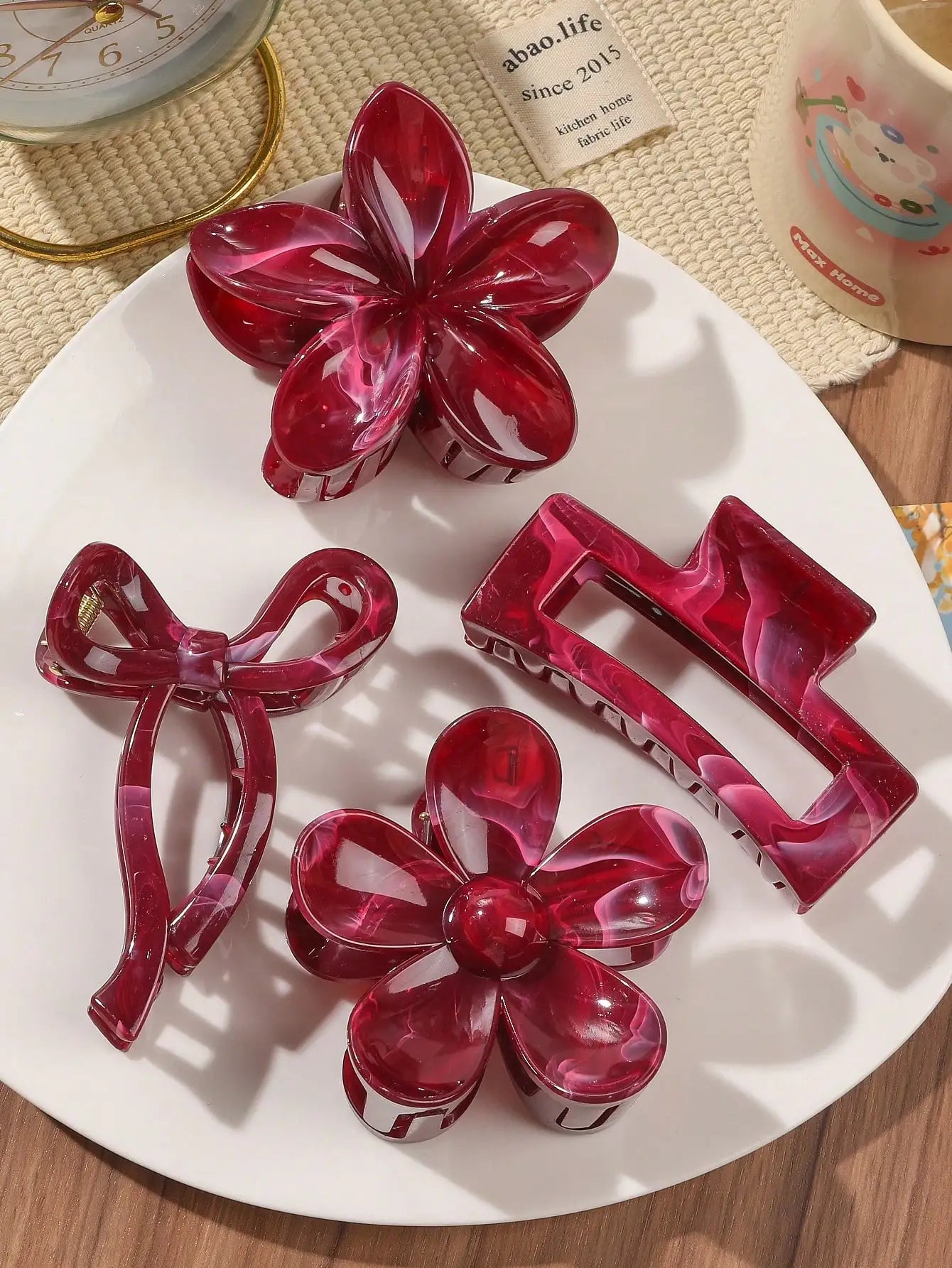 Burgundy Bow & Floral Claw Clips Set