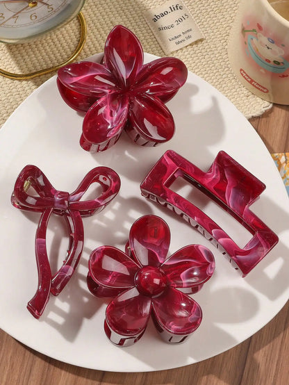 Burgundy Bow & Floral Claw Clips Set